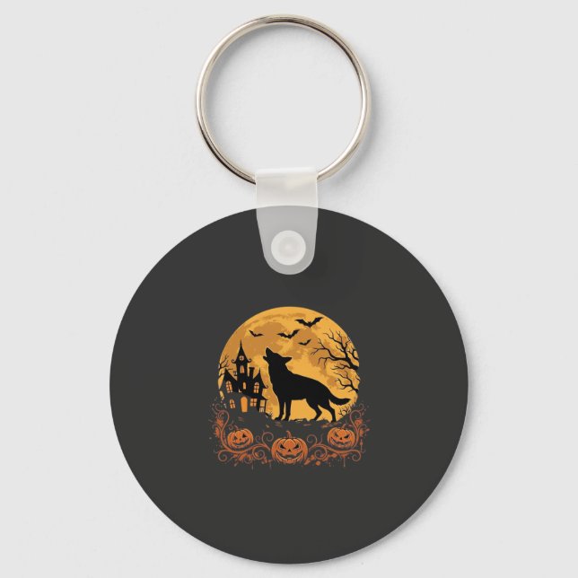 Tysk Schäfer Halloween Måne Pumpa Design_1 Nyckelring (Framsida)