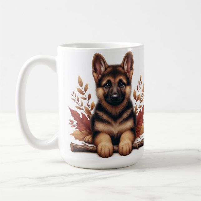  Tysk Schäfer-valp poserar med höstlöv  Kaffemugg (Vänster)