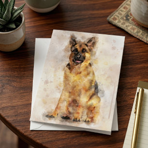 Tysk Schäfer Vattenfärg Hund Porträtt Konst Tack Kort