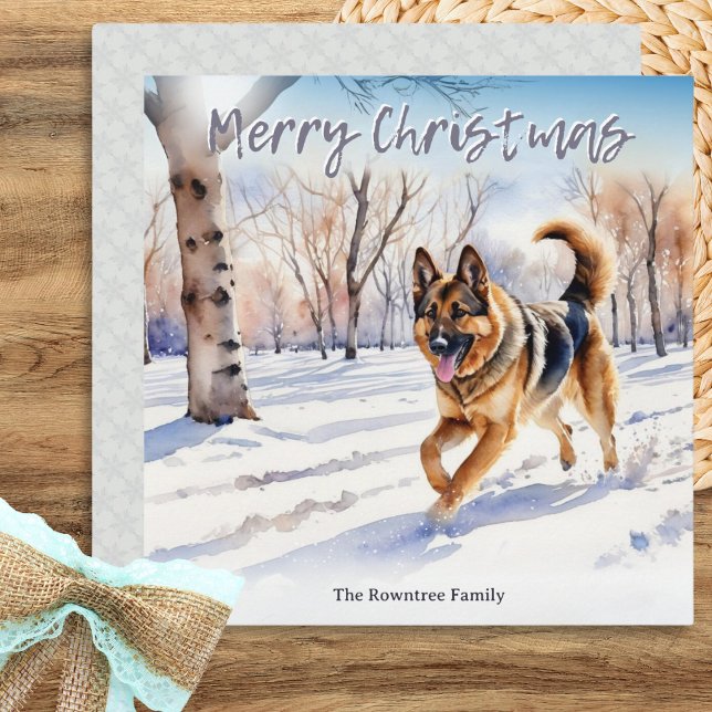 Tysk Schäferhund Alsatian Snö Jul Julkort (A Christmas card with watercolor style illustration of a German shepherd dog in the winter snow)