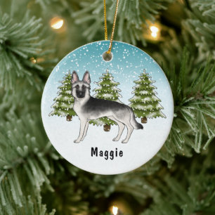 Tysk Schäferhund av silverfärgad sabletyp i vinter Julgransprydnad Keramik