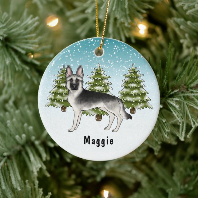Tysk Schäferhund av silverfärgad sabletyp i vinter Julgransprydnad Keramik (Träd)