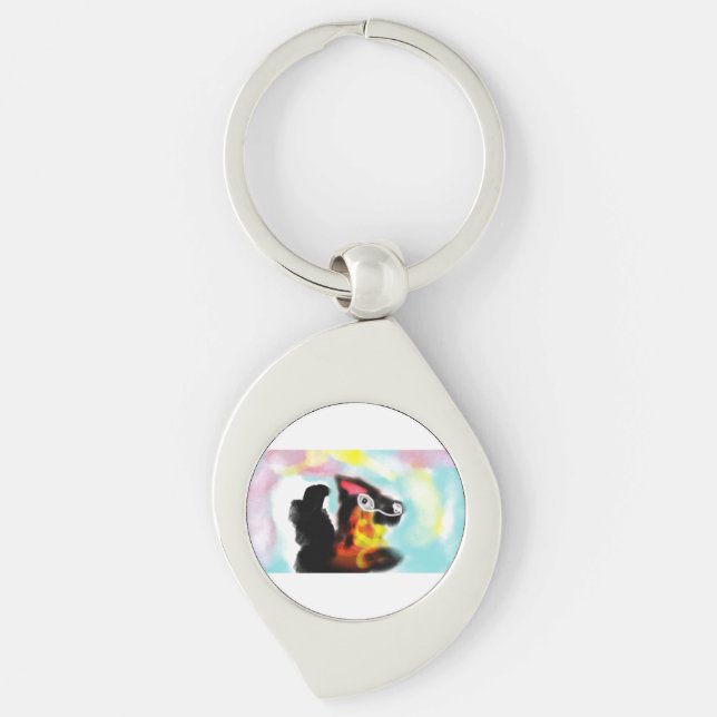 Tysk Schäferhund färgrik Swirl Silverfärgad Nyckelring (Framsidan)