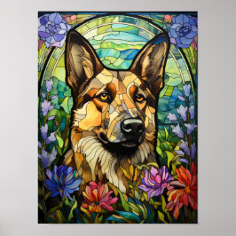 Tysk Schäferhund Glas-in-ram-fönsterkonst med blom Poster