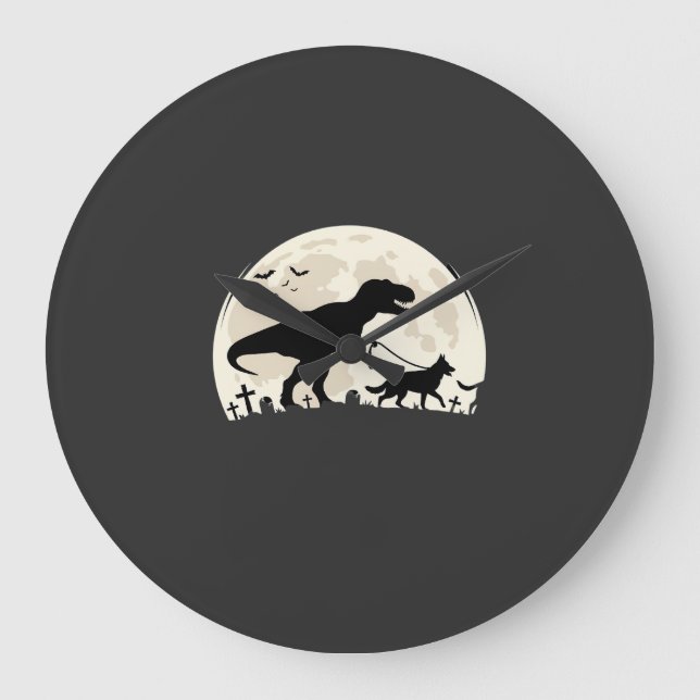 Tysk Schäferhund Halloween Dinosaur Måne Silhuett Stor Klocka (Framsida)