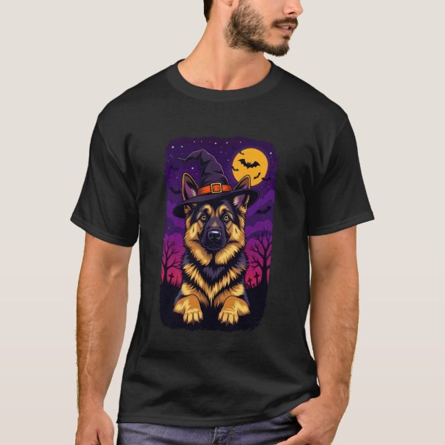 Tysk Schäferhund Halloween Häxa Hatt T Shirt (Framsida)
