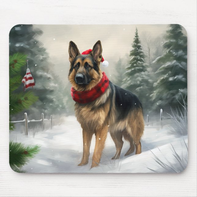 Tysk schäferhund i jul snö musmatta (Framsidan)