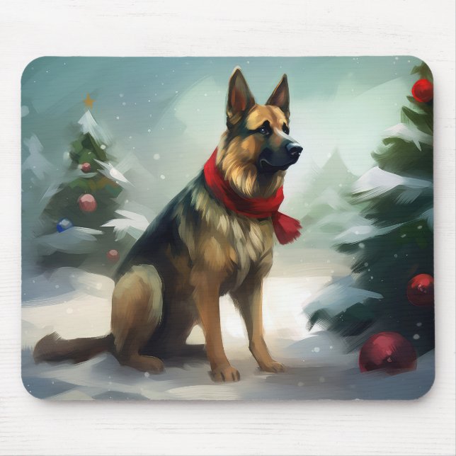 Tysk schäferhund i jul snö musmatta (Framsidan)