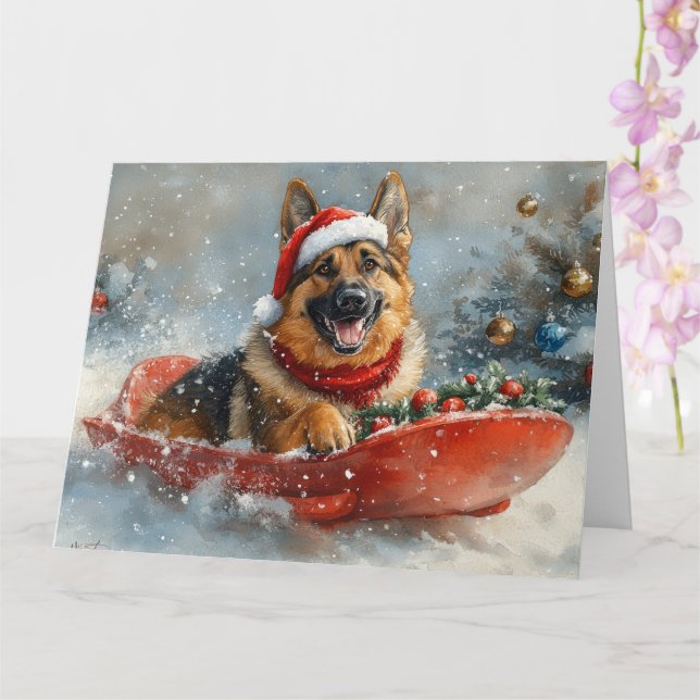 Tysk Schäferhund i släde snö jul Kort (Orkide)
