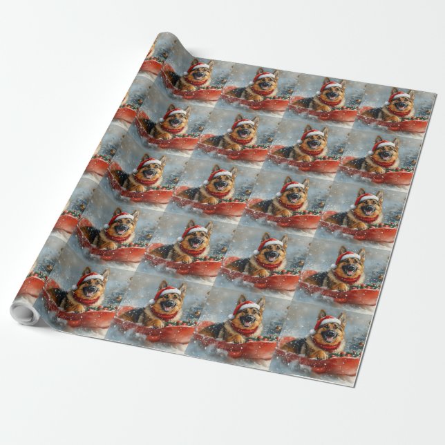 Tysk schäferhund i släde snö jul presentpapper (Utrullad)