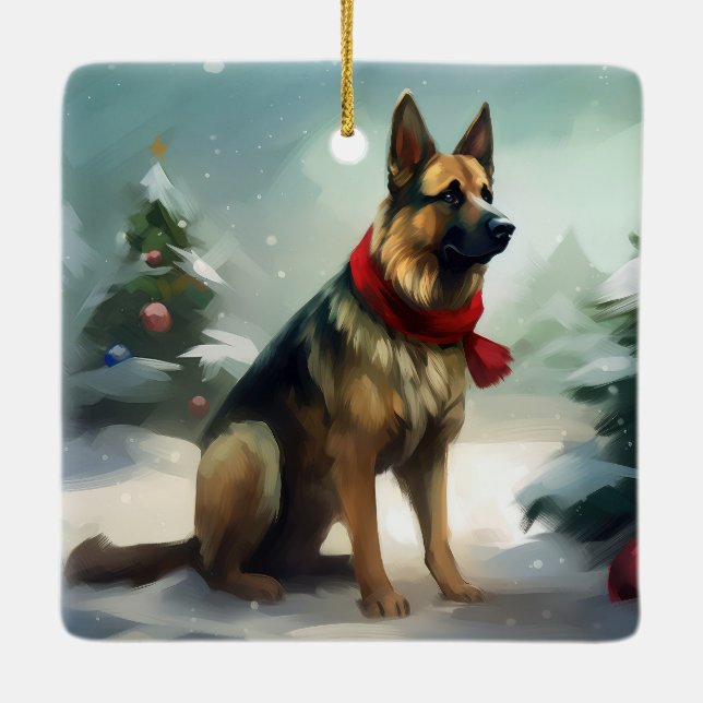 Tysk schäferhund i snö jul julgransprydnad keramik (Baksida)
