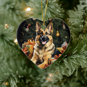 Tysk schäferhund jul husdjur ornament, hund älskar julgransprydnad keramik