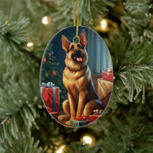 Tysk schäferhund jul husdjur ornament, hund älskar julgransprydnad keramik