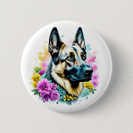 Tysk Schäferhund och blommor ai konst Knapp