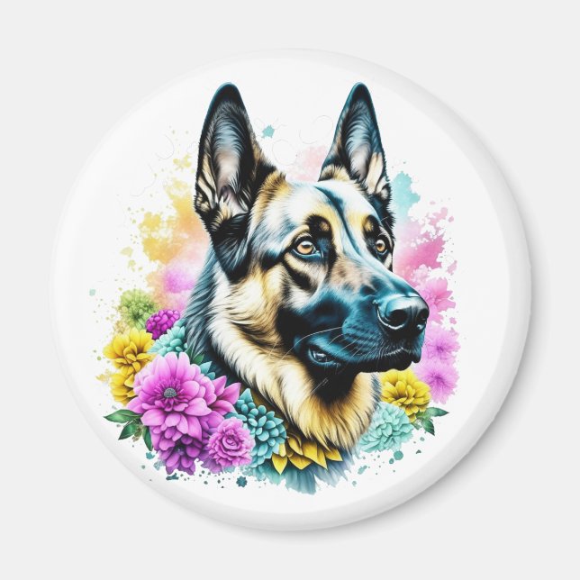 Tysk Schäferhund och blommor ai konst   Magnet (Framsidan)