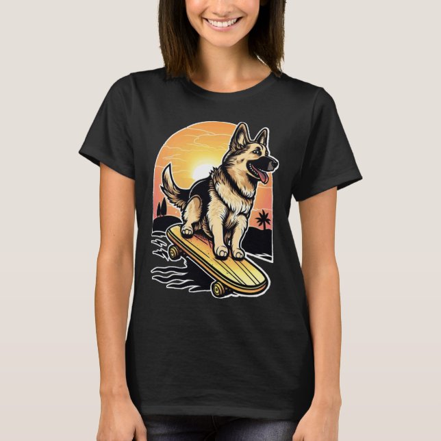 Tysk schäferhund som åker skateboard t shirt (Framsida)