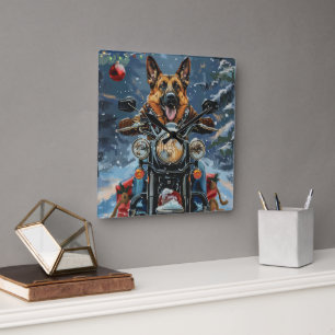 Tysk Schäferhund som kör motorcykel jul Fyrkantig Klocka