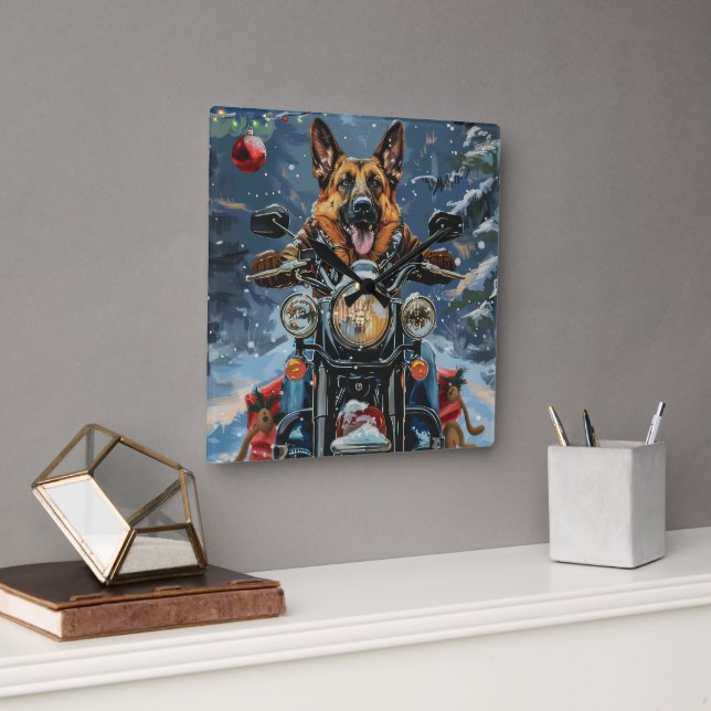 Tysk Schäferhund som kör motorcykel jul Fyrkantig Klocka (Kontor)