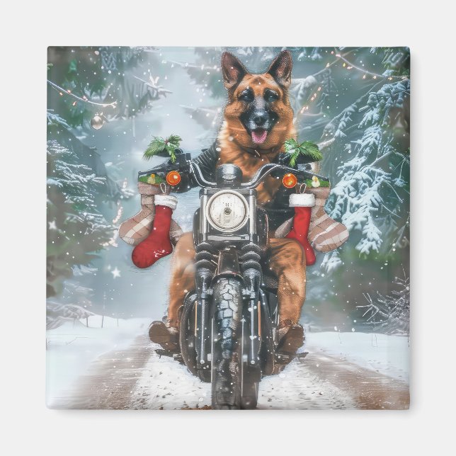 Tysk Schäferhund som kör motorcykel jul  Magnet (Framsidan)