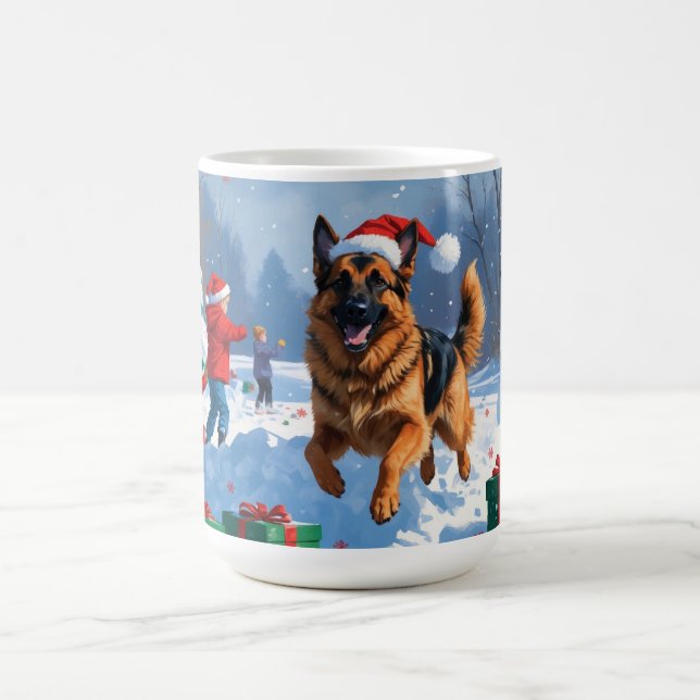 Tysk Schäferhund springer i snö med julhatt Kaffemugg (Center)