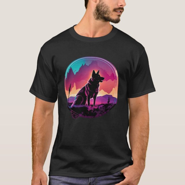 Tysk Schäferhund Synthwave 80s Retrowave Estetik T Shirt (Framsida)