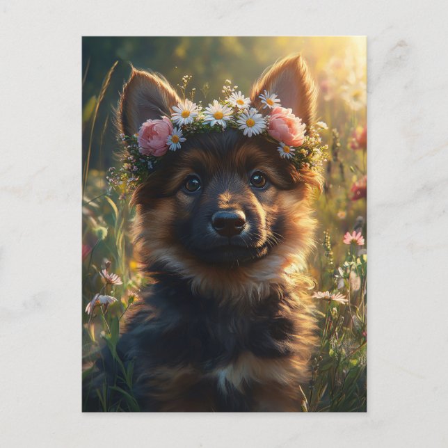 Tysk Schäferhund Valp i en Blomsterkrans Vykort (Framsida)