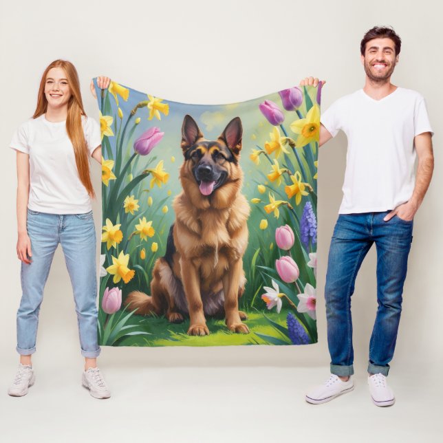 Tysk schäferhund vårblommor målning  fleecefilt (På plats)