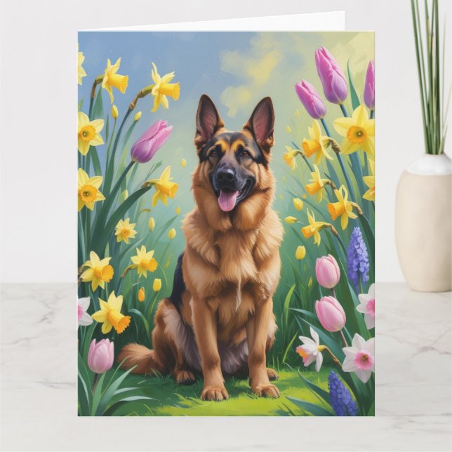 Tysk Schapherhund Vårblommor Målning  Kort (Framsida)