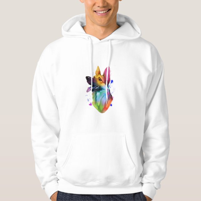 Tysk schepherd Rainbow Watercolor Paint Splatter Hoodie (Framsida)