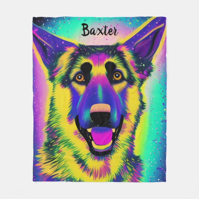 Tysk Shepard Konfetti Pop Art med valfritt namn Fleecefilt (Framsidan)