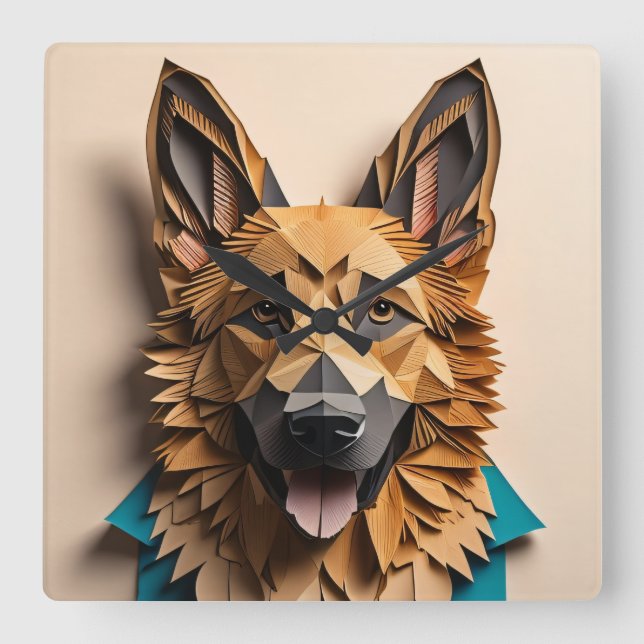 Tysk Shepherd 3D Papper Art Design T-shirt Fyrkantig Klocka (Framsida)