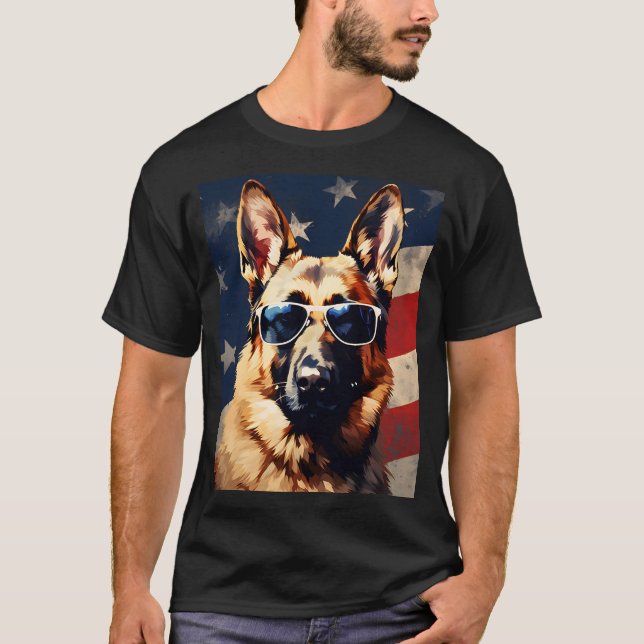 Tysk Shepherd american flagga T Shirt (Framsida)