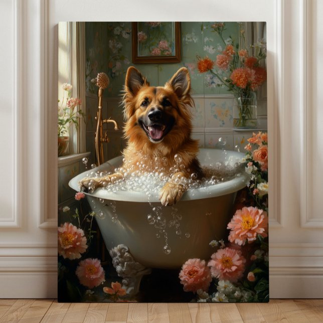 Tysk Shepherd-bad, Whimsical hundbadrum Canvastryck (German Shepherd Bubble Bath – Whimsical Dog Bathroom Art by Nicole Cossairt)