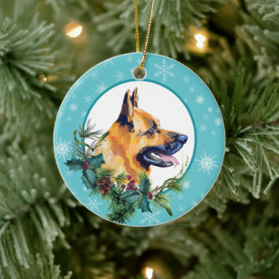 Tysk Shepherd Evergreen Blue Snowflake Gräns Julgransprydnad Keramik