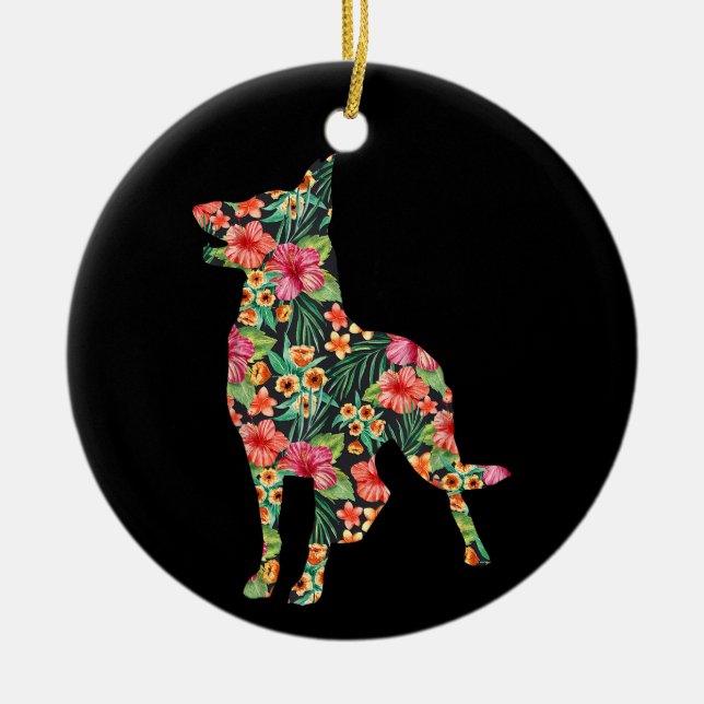 Tysk Shepherd Flower Rolig hund Silhouette-Blommig Julgransprydnad Keramik (Framsidan)