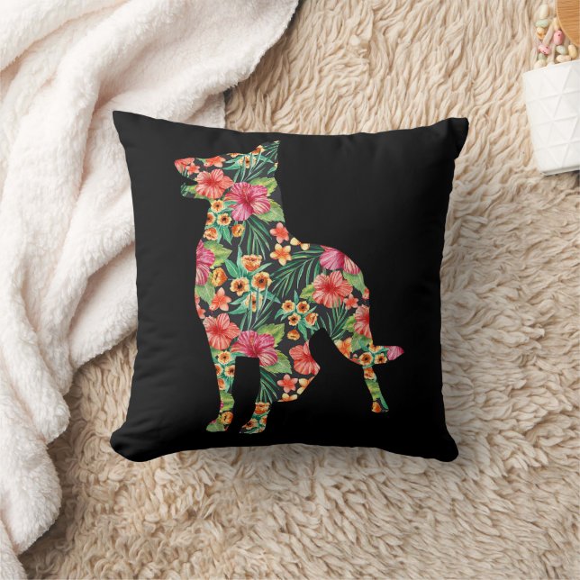 Tysk Shepherd Flower Rolig hund Silhouette-Blommig Kudde (Filt)
