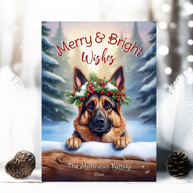 Tysk Shepherd Forest Pet Porträtt Merry & Bright Julkort (Adorable Winter Snowy Scene With Peeking Dogs or Farm/Woodland Animals - Over 50 to Choose From!)