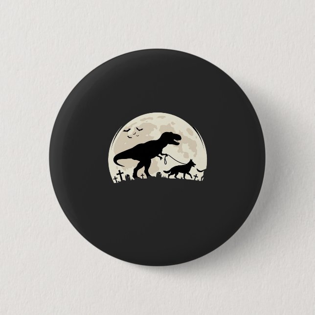 Tysk Shepherd Halloween Dinosaur Måne Silhuett Knapp (Framsida)