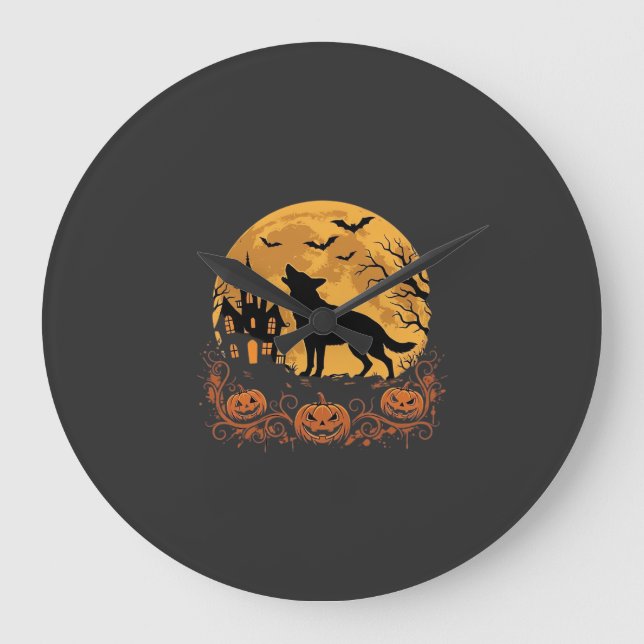 Tysk Shepherd Halloween Moon Pumpa Design_1 Stor Klocka (Framsida)