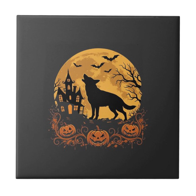 Tysk Shepherd Halloween Moon Pumpkin Design_1 Kakelplatta (Framsidan)