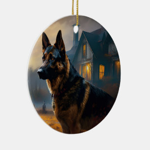Tysk Shepherd Halloween Skräckinjagande Julgransprydnad Keramik