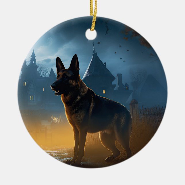 Tysk Shepherd Halloween Skräcklig Julgransprydnad Keramik (Framsidan)