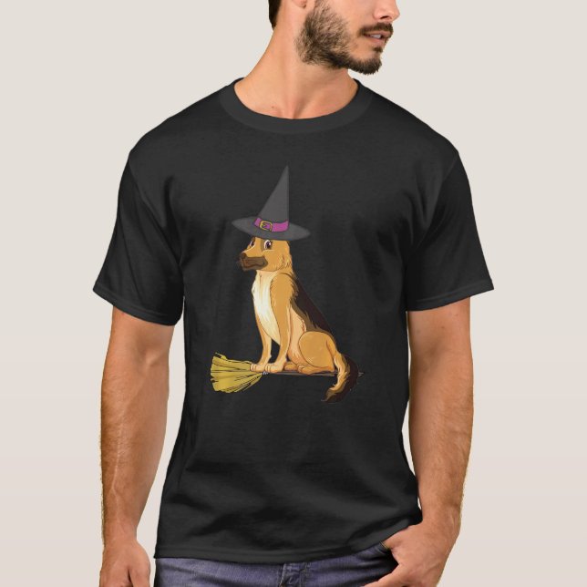 Tysk Shepherd Halloween Witch Hund T Shirt (Framsida)