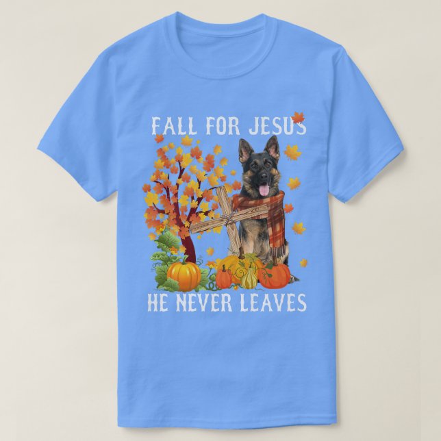 Tysk shepherd Höstfall för Jesus Han Lea T Shirt (Design framsida)
