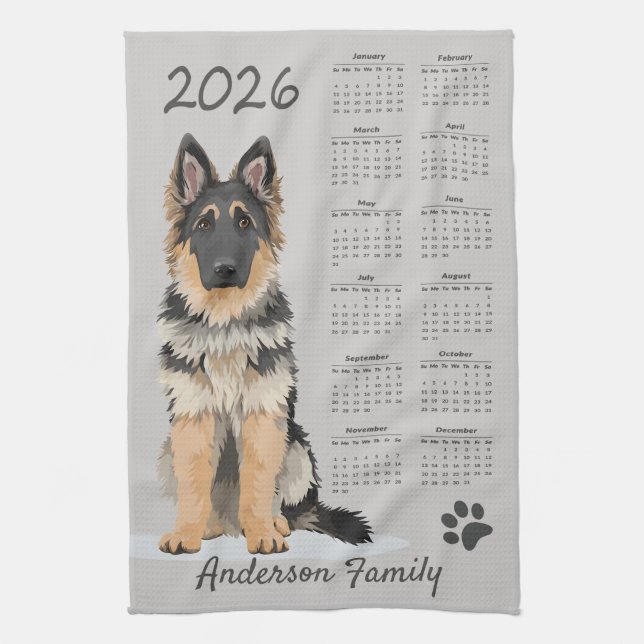 Tysk Shepherd Hund 2026 Tea Towel Calendar Kökshandduk (Vertikal)