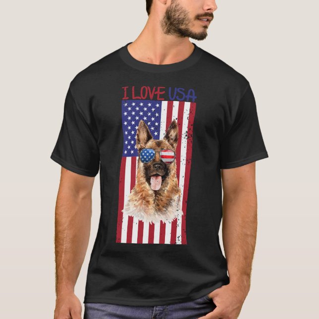 Tysk shepherd Hund 4:e juli amerikanska Flagga T Shirt (Framsida)