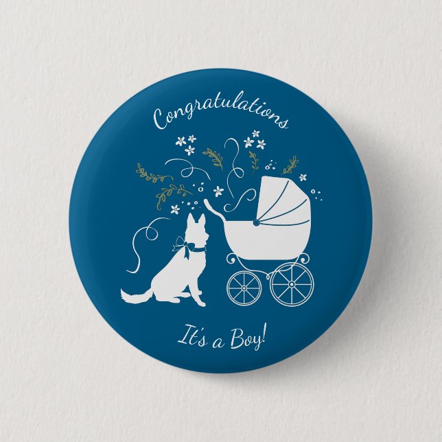 Tysk Shepherd Hund Baby Shower Blue Boy Knapp (Framsida)