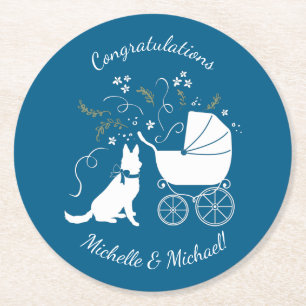 Tysk Shepherd Hund Baby Shower Blue Boy Underlägg Papper Rund