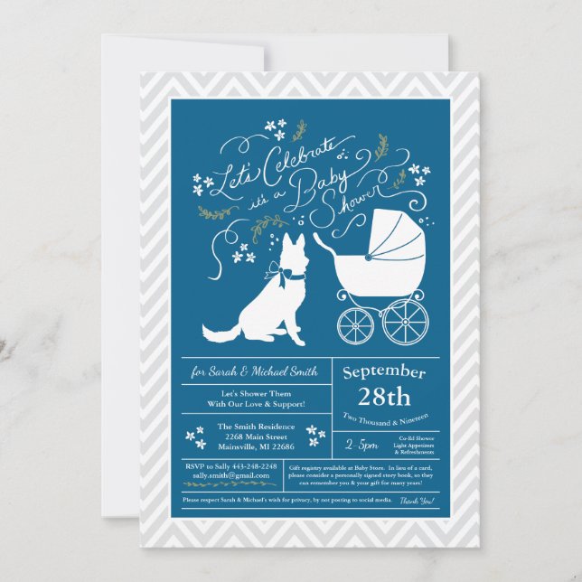 Tysk Shepherd Hund Baby Shower Fransk Blue Boy Inbjudningar (Framsida)