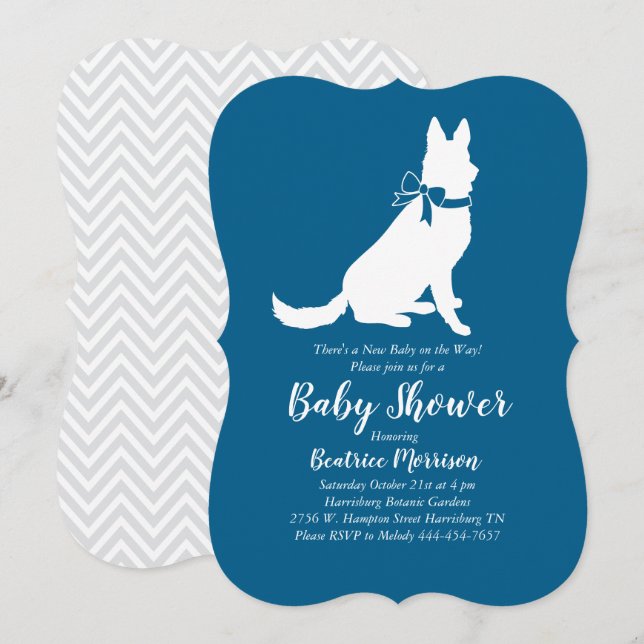 Tysk Shepherd Hund Baby Shower Fransk Blue Boy Inbjudningar (Fram/baksida)